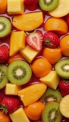 Vibrant pattern depicting various fruit cocktails mixed with tropical juice colors