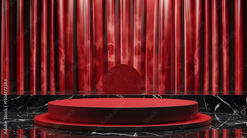 Aufkleber Elegant Red Stage with Circular Platform and Draped Curtains for Presentations or Events in a Glamorous Setting