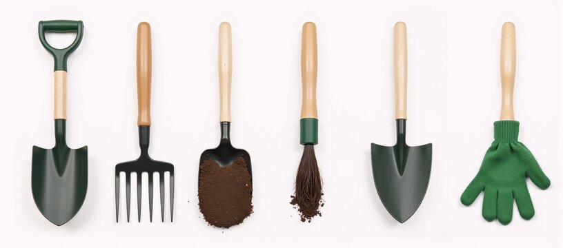 Icons depicting gardening tools are showcased against a clean white backdrop isolated