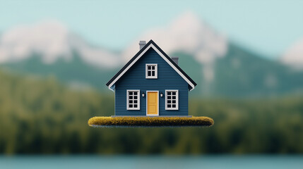 Illustration of a House Flying in the Air Against the Sky, Living, Mortgage, Banner with Copy Space for Design