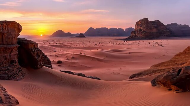 A desert landscape with a sunset in the background. The sky is orange and the sun is setting. The desert is barren and rocky, with no vegetation in sight
