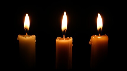 Three candles lit against a dark background creating a warm glow