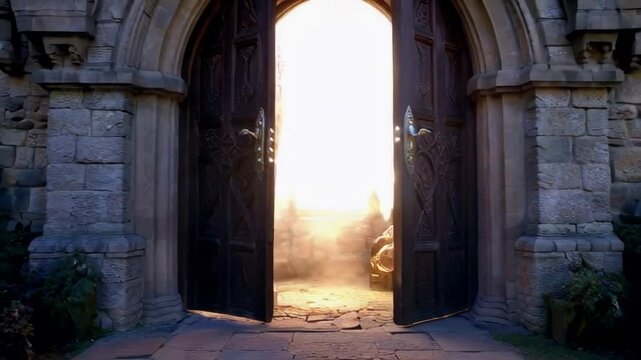 The door is made of wood and has a gold handle. The door is open and the light is shining on it