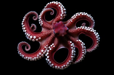 Obraz premium Vibrant Red Octopus with Distinctive Arms and Suckers Displayed Against a Dark Background Highlighting Intricate Details of Marine Life