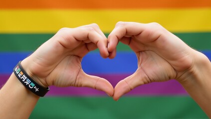 Obraz premium Making a heart sign using a Gay Pride Month themed rainbow flag wristband