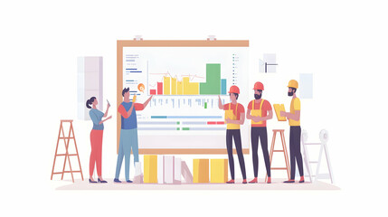 Construction Project Team Presenting Budget Report with Detailed Financial Charts and Cost Breakdown