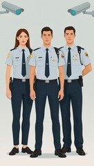 Obraz premium Diversified security guards depicted in flat design monitoring various patrol areas cameras and equipment featuring a clip art style for female male models equipped with walkie-talkies ID badges