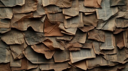 Retro textured wall covered with overlapping aged newspaper pages with printed text, creating a vintage and nostalgic appearance