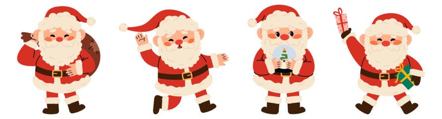 Set of various Cute  Santa Claus illustration in children's style on New Year's theme. Santa Clauses in different poses, waving his hand, with presents. Flat vector illustration isolated on white 