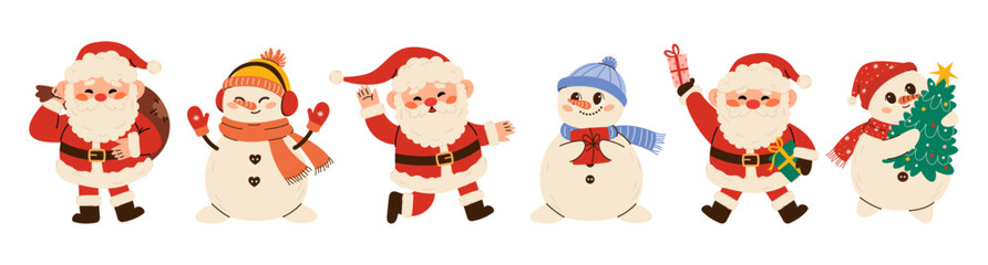 Set of various Cute snowman and Santa Claus illustration in children's style on New Year's theme. Snowman in a hat, mittens scarf and headphones.Cute Santa Clauses in different poses. Flat vector 