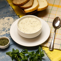 Business lunch for a business meeting. A dinner table consisting of meat, soup and vegetables