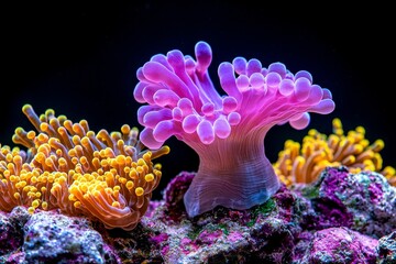Fototapeta premium Vibrant corals flourish below the water's surface, displaying elaborate patterns and bright colors in a peaceful tropical underwater environment.