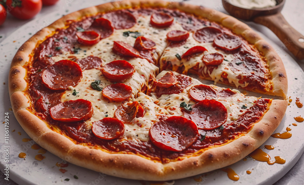 Poster pepperoni pizza with a slice missing. the pizza is on a white plate. there is a spoon on the right s