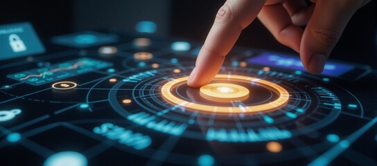 Digital illustration featuring digital security tools within a futuristic holographic financial system highlighting advanced technological solutions for secure environments