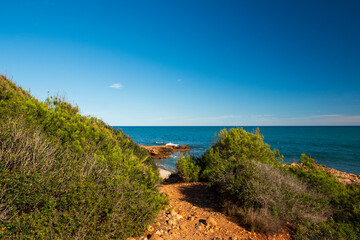 Am Ufer des Mittelmeers im Naturpark Serra d'Irta bei Alcossebre, Provinz Castellón, Autonome...