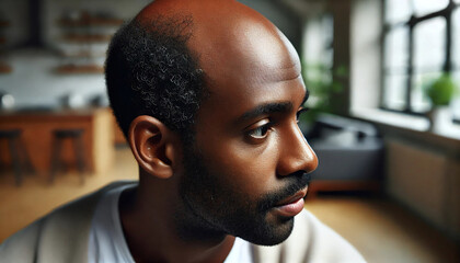 Close-up bald man male indoors, strength and recovery from alopecia. Highlights health care, dermatology, emotional resilience. Hair loss, treatment, and lifestyle changes.