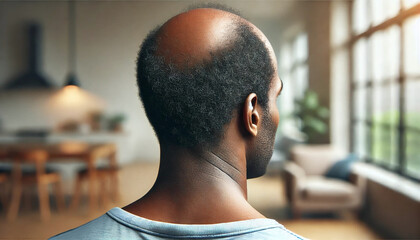 Close-up bald man male indoors, strength and recovery from alopecia. Highlights health care, dermatology, emotional resilience. Hair loss, treatment, and lifestyle changes.