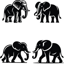 black and white elephants silhouette icon white background. 