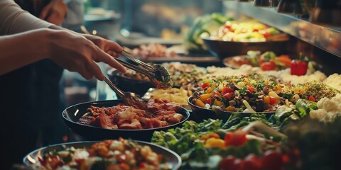 Obraz premium People group catering buffet food indoor in restaurant with meat colorful fruits and vegetables. world winning photo created by ai