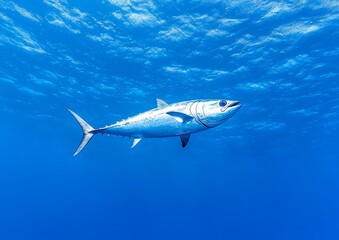 Naklejka premium The majestic Bluefin Elephant Tuna glides effortlessly through the crystal-clear ocean waters under the sunlight.