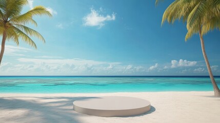 A serene beach scene featuring a circular platform surrounded by palm trees and turquoise waters.