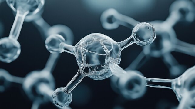 Close-up view of transparent molecular structure with spherical nodes and connecting rods on a dark background