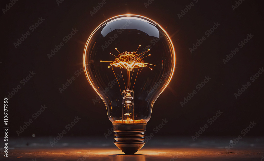 Poster Light bulb is lit up and has a tree on it. The light bulb is on a black surface