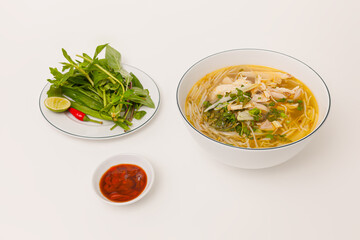 Mien Ga, Chicken cellophane noodles soup with vegetable, Vietnamese food isolated on white background, perspective view