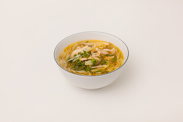 Mien Ga, Chicken cellophane noodles soup, Vietnamese food isolated on white background, perspective view