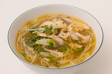 Mien Ga, Chicken cellophane noodles soup, Vietnamese food isolated on white background, close-up view