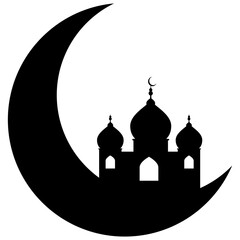 Islamic temple and crescent moon. Islamic moon and mosque.