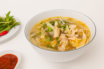 Mien Ga, Chicken cellophane noodles soup with vegetable, Vietnamese food isolated on white background, close-up view