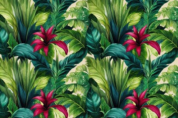 Naklejka premium Tropical Floral Design with Exotic Green Foliage for Fashion and Wallpaper Decor