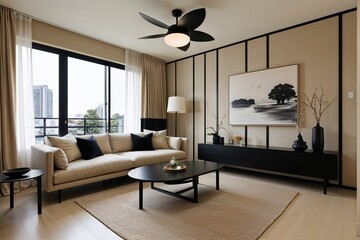Fototapeta premium Japandi Minimalist Living Room Design with Beige and Black Accents