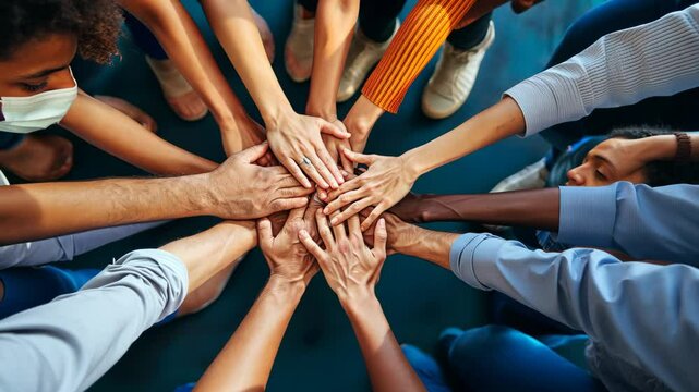 A group of diverse individuals stand in a circle, their hands clasped together in a gesture of unity, collaboration, and support