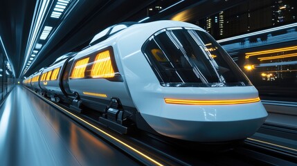 Fototapeta premium Futuristic High-Speed Train on Illuminated Urban Track at Night