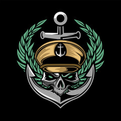 Military Skull Wearing captain cap vector illustration logo. Design element for logo, label, sign, emblem.