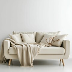 Beige sofa, pillows, throw, dried flowers, minimalist room.