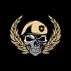 Military Skull wearing military beret vector illustration logo. Design element for logo, label, sign, emblem. Vector illustration