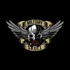 Skull Wearing respirator and wings. Design element for logo, label, sign, emblem. Vector illustration