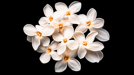 Obraz premium Group of white flowers with five petals and yellow centers on a black background resembling an artistic floral arrangement.