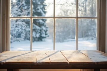 Wooden table view winter snowy landscape window