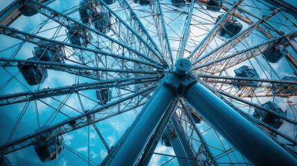 Fototapeta premium Low-angle view of a Ferris wheel against a blue sky.