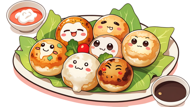 A kawaii illustration shows a plate of round food items with cute faces
