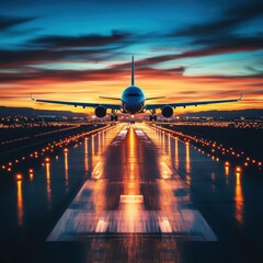 Airplane landing at dusk on runway showcasing speed and movement in the sky