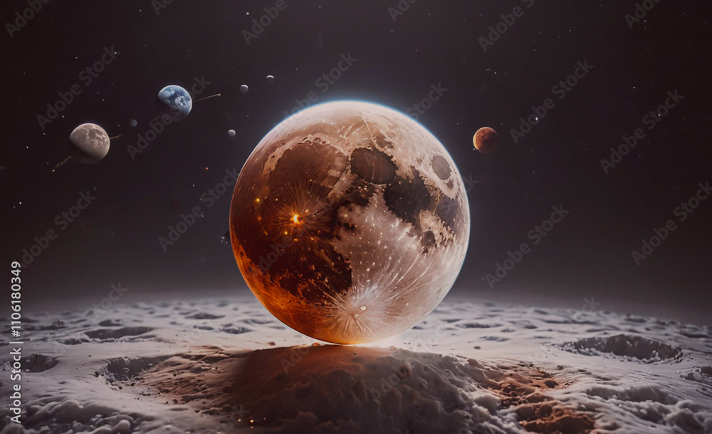 Poster large planet with a moon and several smaller planets in the background. the moon is in the center of