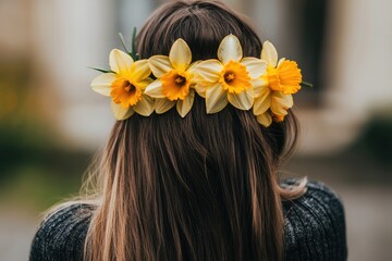 Naklejka premium Woman with Floral Crown of Yellow and White Daffodils in Nature