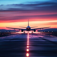 Airplane in rapid movement landing on runway at dusk sky in motion dynamic view