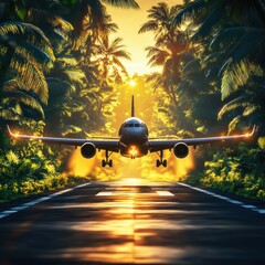 Airplane racing down runway with speed and movement under a dramatic sky
