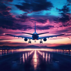 Airplane landing on runway dynamic movement vibrant sky nighttime viewpoint